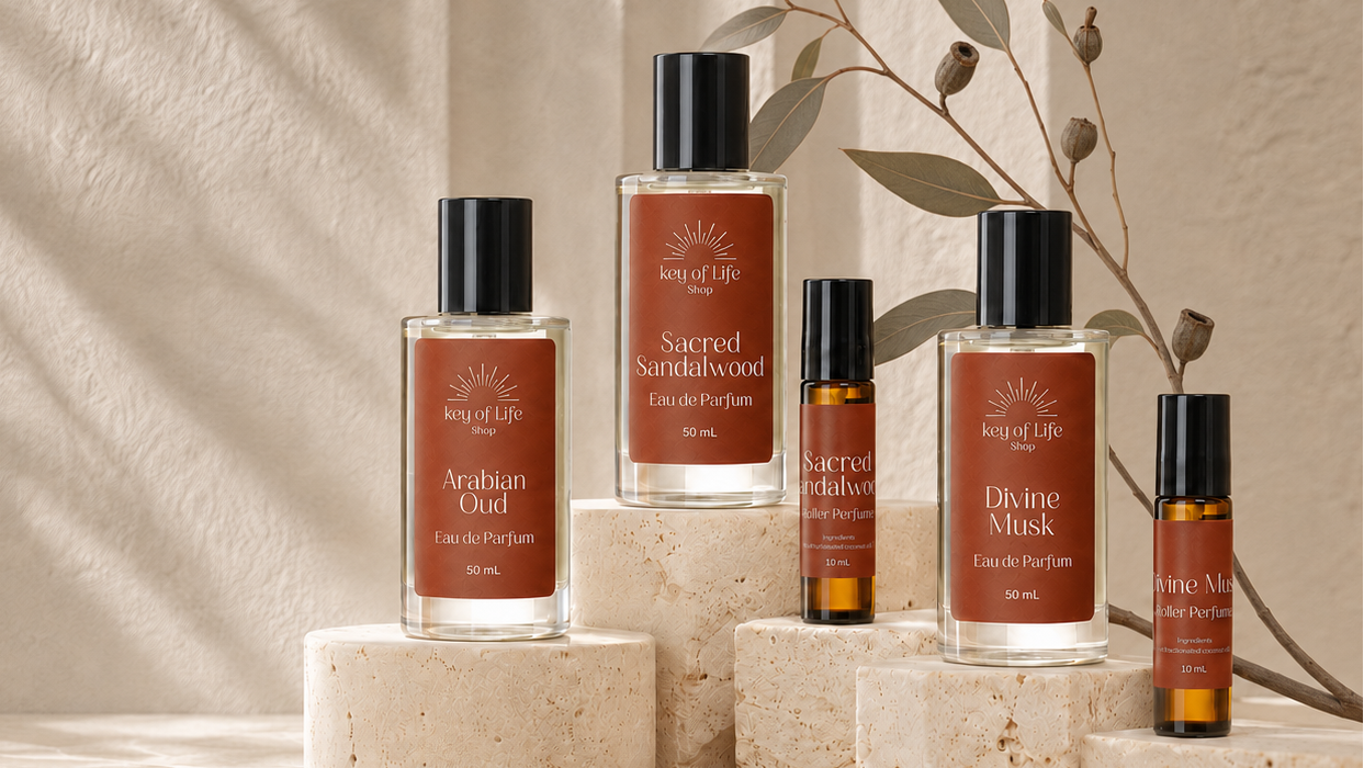 Four Melted Earth scented products in clear bottles with black caps and warm brown labels, arranged on stacked stone blocks against a softly lit beige backdrop with leafy branches.